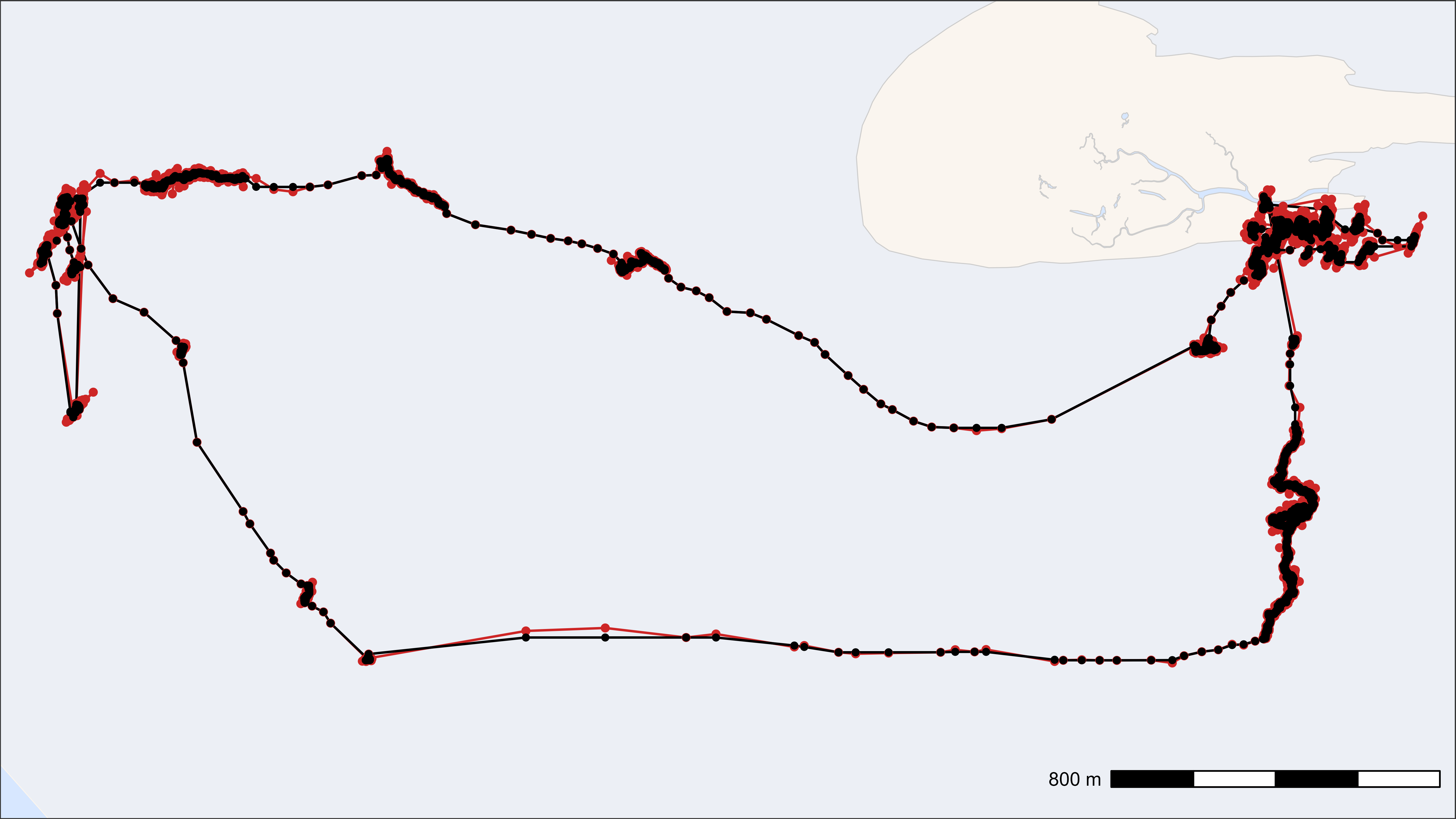 Smoothed track (black) on top of raw track (red)